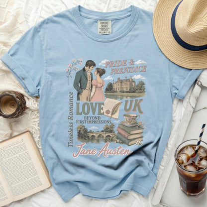 Light blue t-shirt by Comfort Colors with "Pride & Prejudice" graphic.