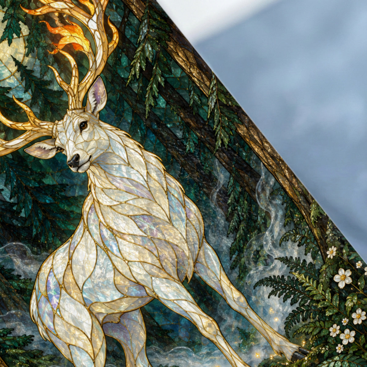 White stag with flaming antlers in a mystical forest with smoke and flowers.