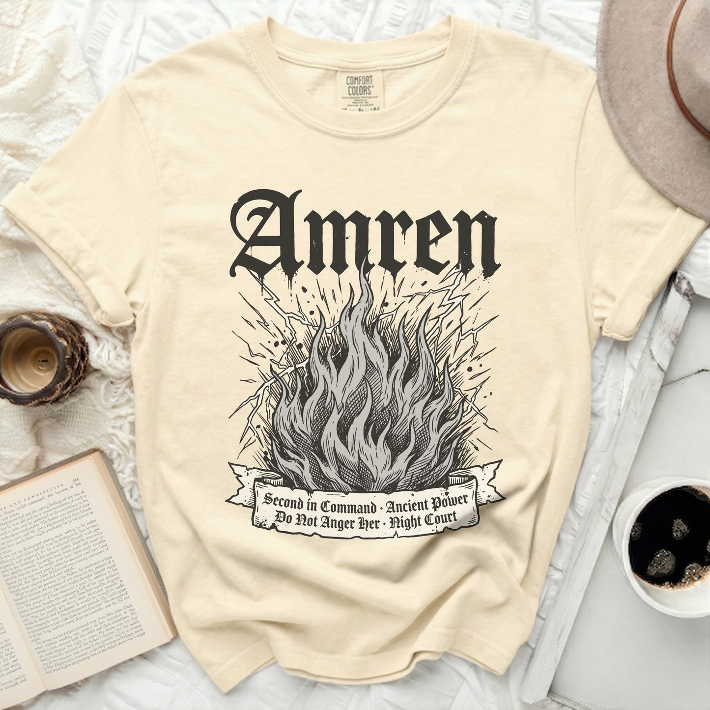 Cream t-shirt with gothic "Amren" and flaming banner text.