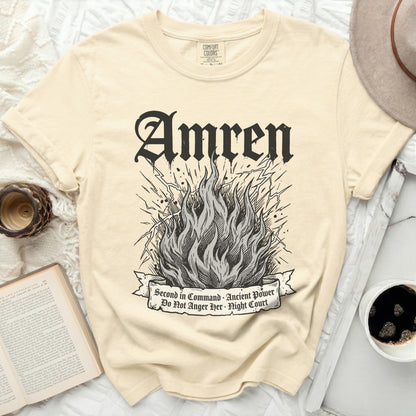 Cream t-shirt with gothic "Amren" and flaming banner text.