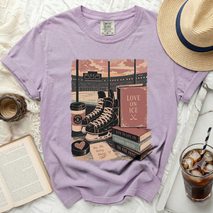 T-shirt with books, skates, and hockey rink graphic.