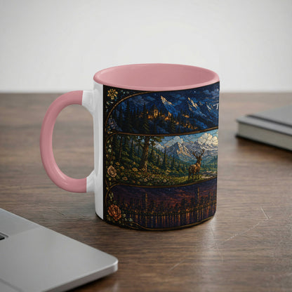 Mug with stained glass scenes of mountains, a deer, and a city skyline.