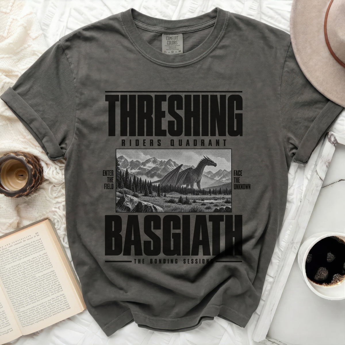 Grey t-shirt with black graphic: "THRESHING RIDERS QUADRANT BASGIATH THE BONDING SESSION" and dragon graphic.