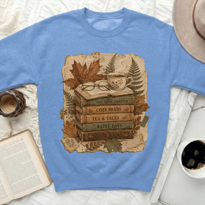 Stack of books with titles "Cozy Reads", "Tea & Tales", "Rainy Days", "Good Books".