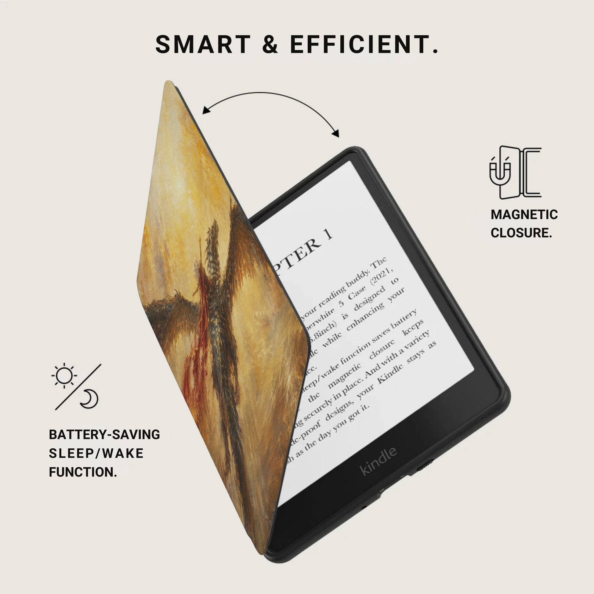 Kindle e-reader with artistic cover featuring magnetic closure and battery-saving function.