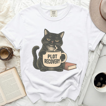 Black cat with coffee cup reading "Plot Recovery" and a book.