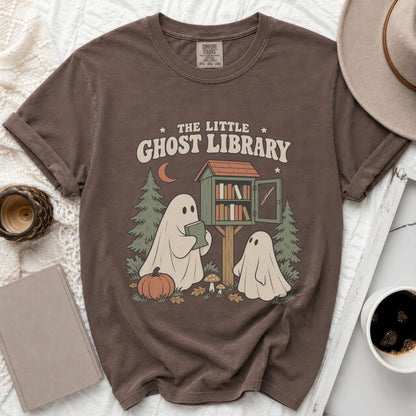 Brown t-shirt with "The Little Ghost Library" graphic featuring ghosts and a book stand.
