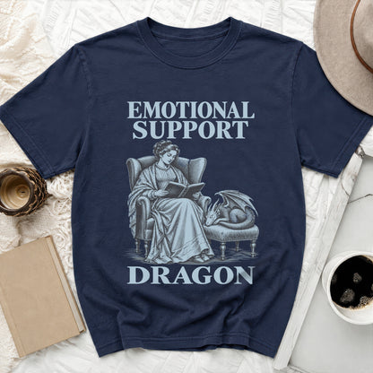 Navy t-shirt with text "EMOTIONAL SUPPORT DRAGON" and graphic of woman reading with dragon.