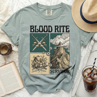 Blood Rite t-shirt with graphic of swords, backpack, mountain, and text "Survivor".