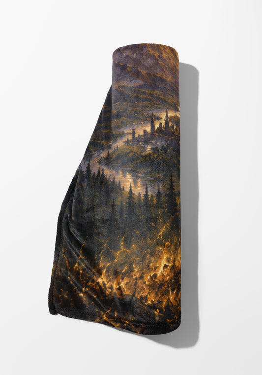 Rolled blanket with a fantasy landscape print featuring a city and forest at dawn.
