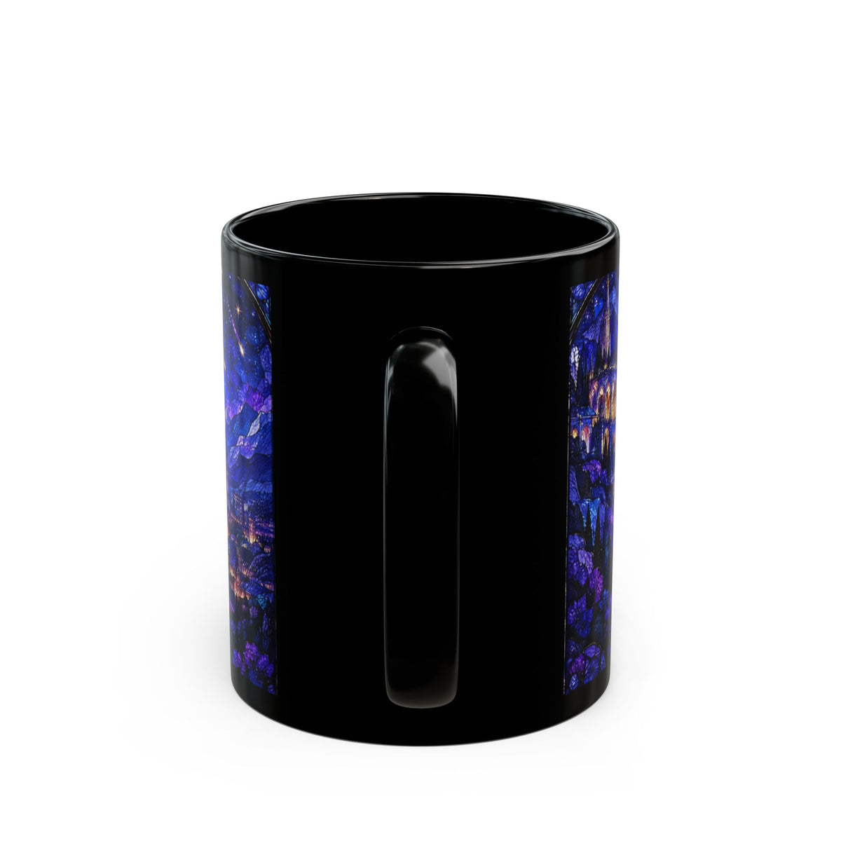 A black ceramic mug featuring a dark blue stained glass design on both sides against a white background.