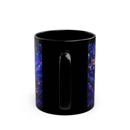 A black ceramic mug featuring a dark blue stained glass design on both sides against a white background.