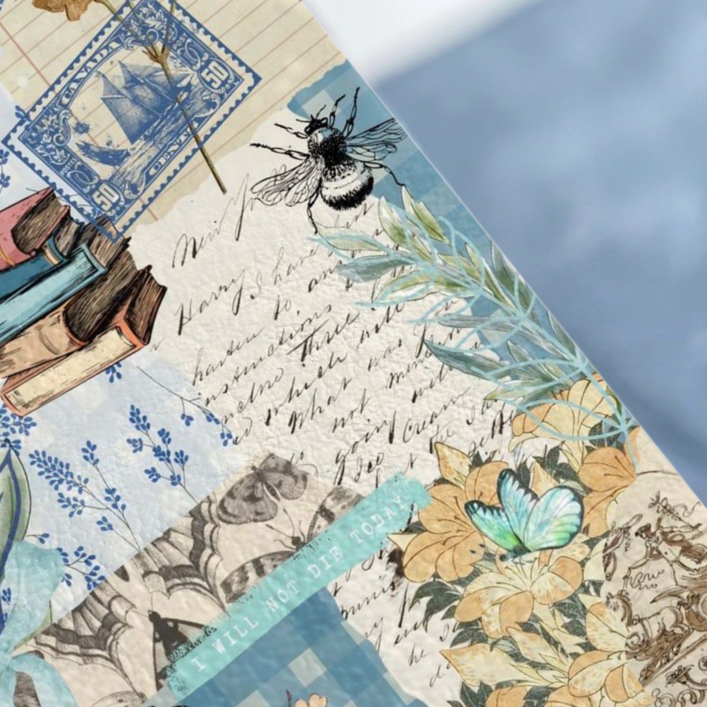 Collage of books, bee, butterflies, stamps, and script text with "I WILL NOT DIE TODAY".
