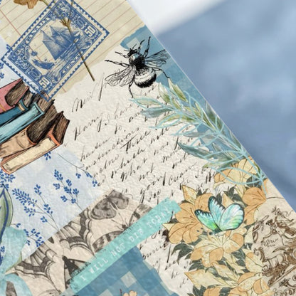 Collage of books, bee, butterflies, stamps, and script text with "I WILL NOT DIE TODAY".