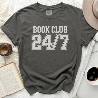 Dark gray Comfort Colors t-shirt with "BOOK CLUB 24/7" printed on it.