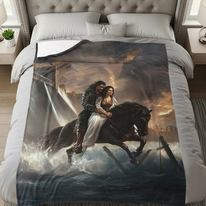 Romantic Couple Riding Horse in Stormy Sea Blanket
