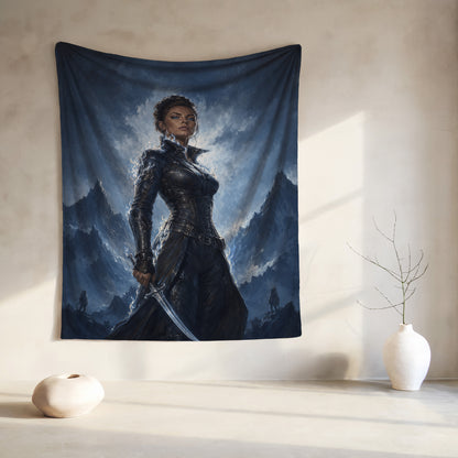 Tapestry of a woman in leather armor holding a sword with mountains behind.