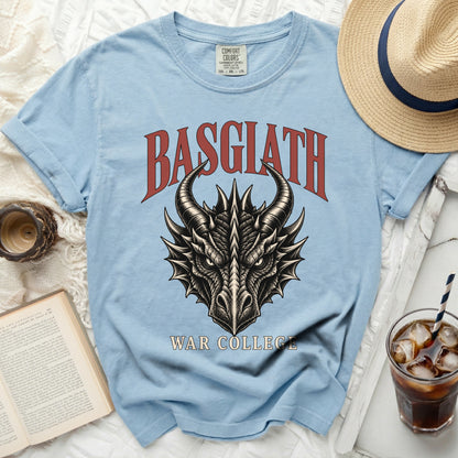 Light blue t-shirt with a dragon head graphic and "Basgiath War College" text.