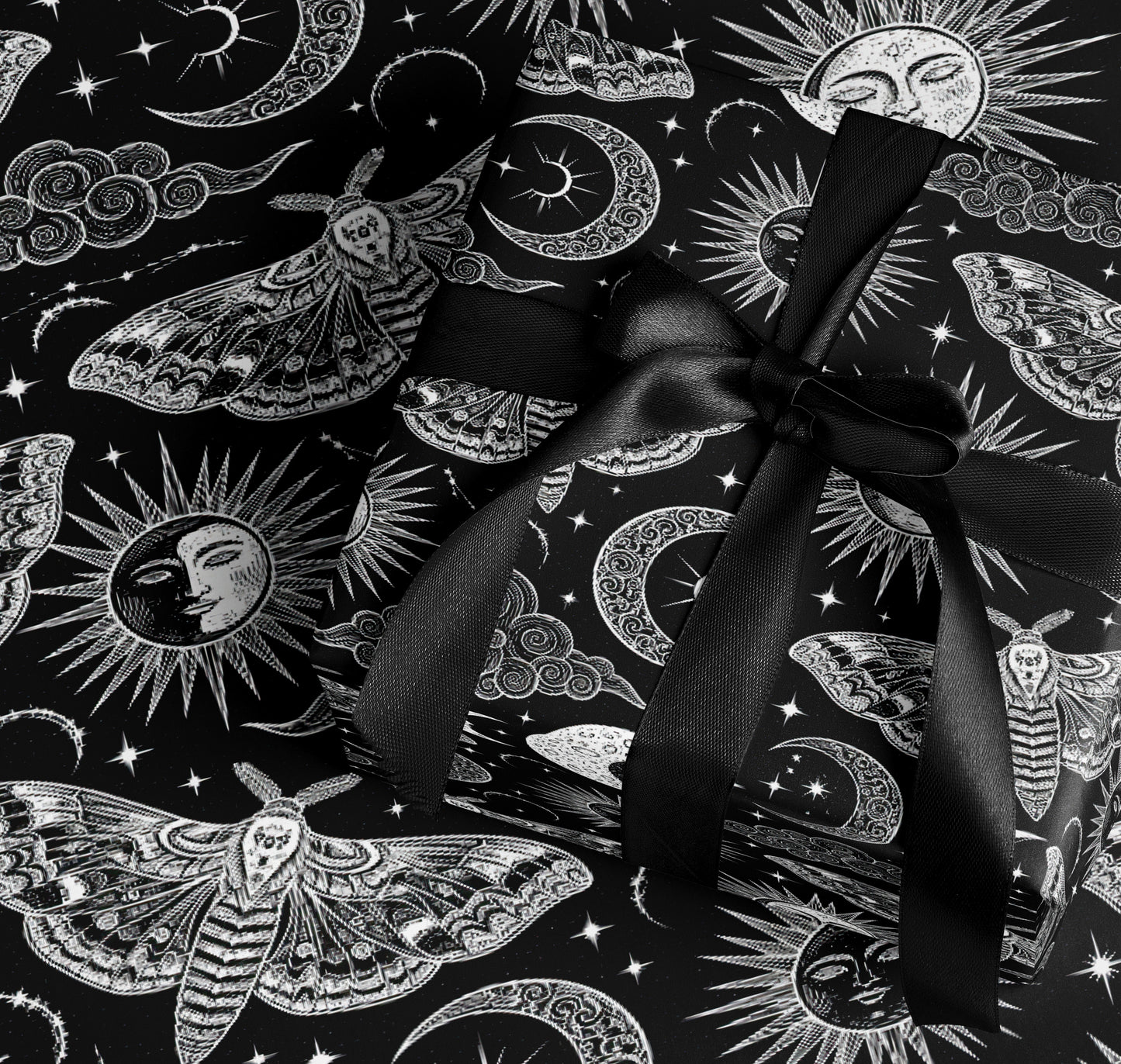 Celestial Moth and Sun Moon Patterned Gift Wrap Paper