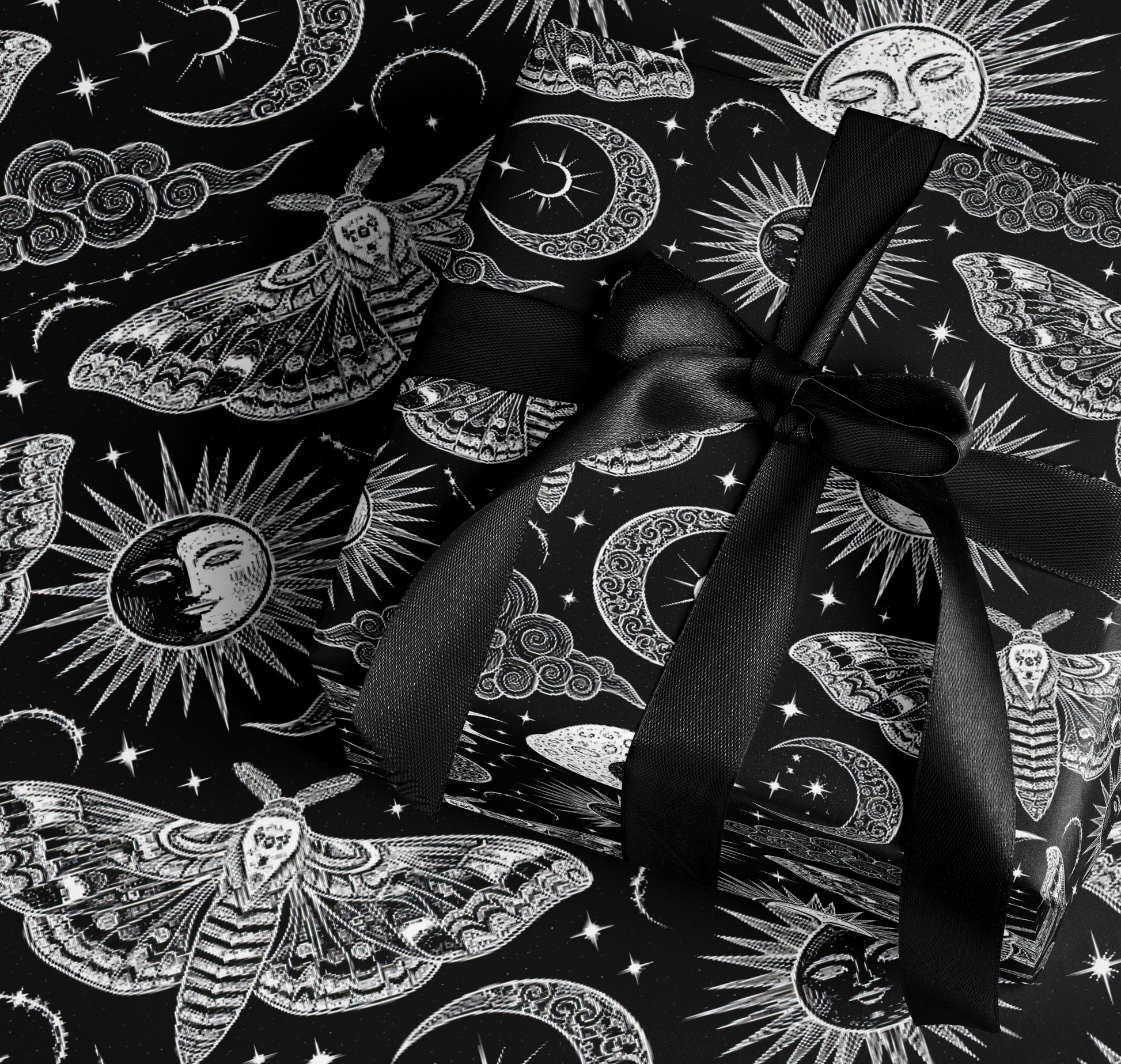 Celestial Moth and Sun Moon Patterned Gift Wrap Paper