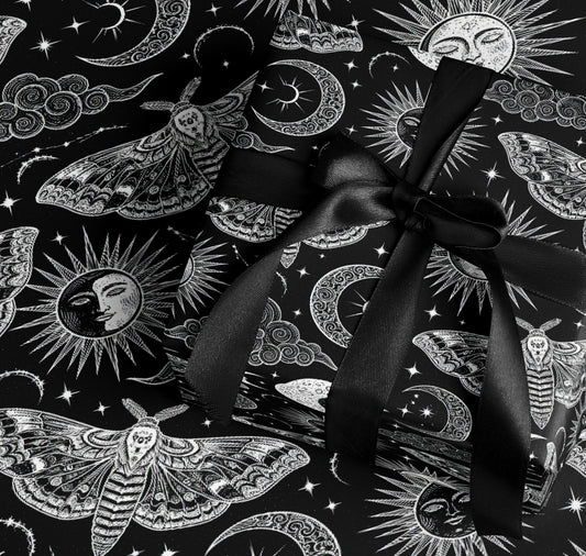 Celestial Moth and Sun Moon Patterned Gift Wrap Paper