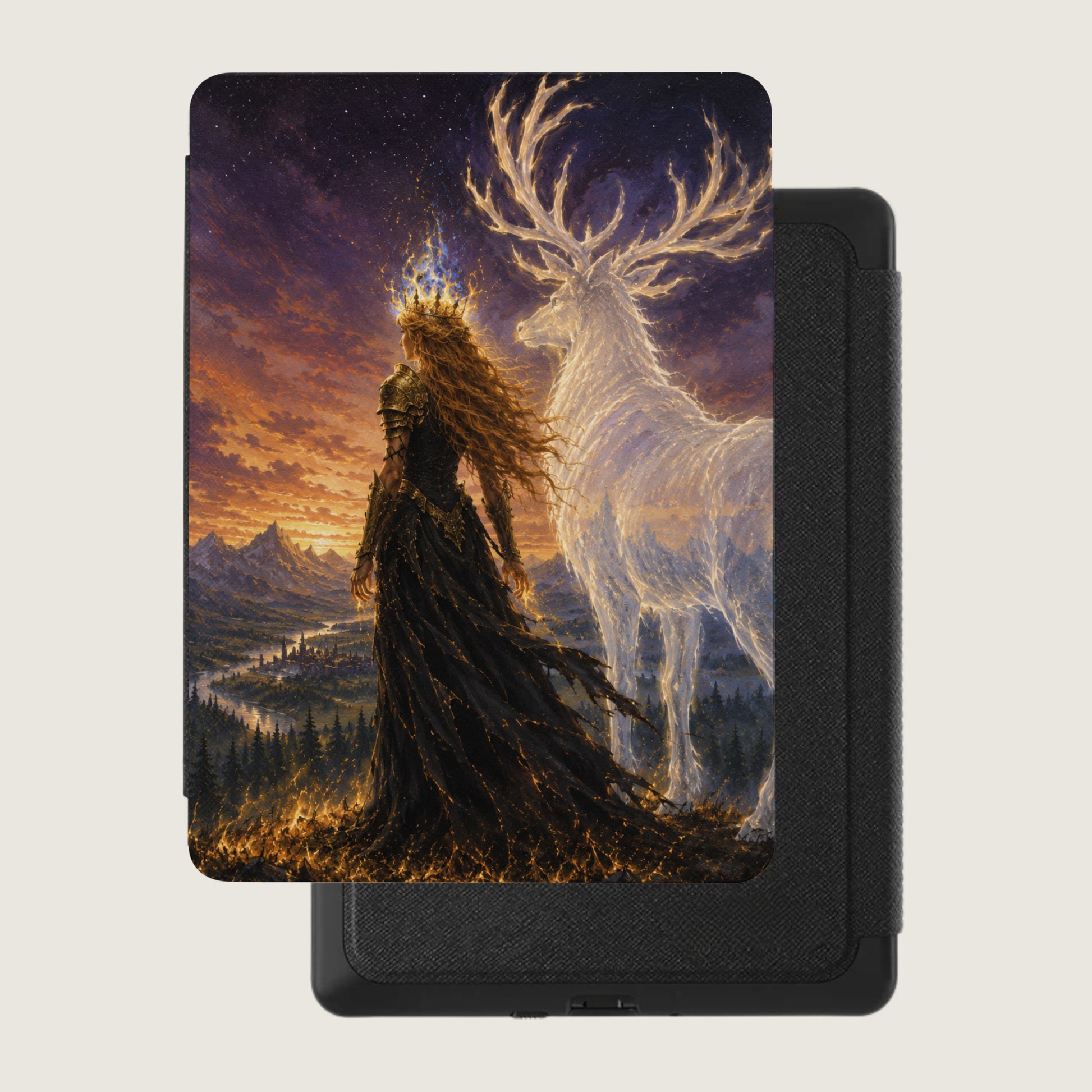 Fantasy art of queen and luminous stag over a mountain valley town.