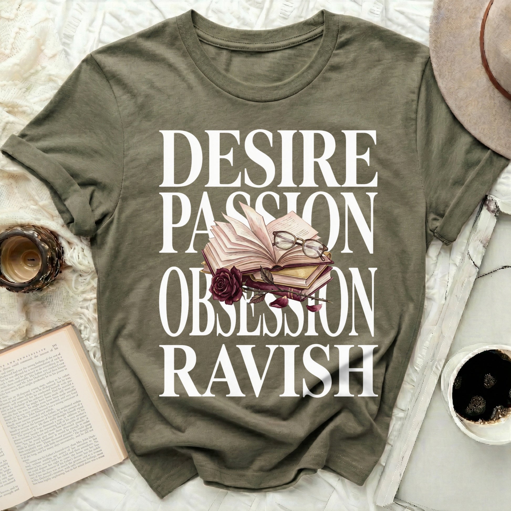 DESIRE PASSION OBSESSION RAVISH Literary Art product type
T-Shirt
Graphic Tee
Book Lover
Reading Enthusiast
Literary Design
Books Graphic
Rose Detail
Glasses Print
Desire Passion
Obsession Ravish
Aesthetic Apparel
Dark Academia
Olive Green
Unisex Tee
Bookish Gift
Reader Fashion
Quote Shirt
Text Design
Comfortable Top
Casual Wear