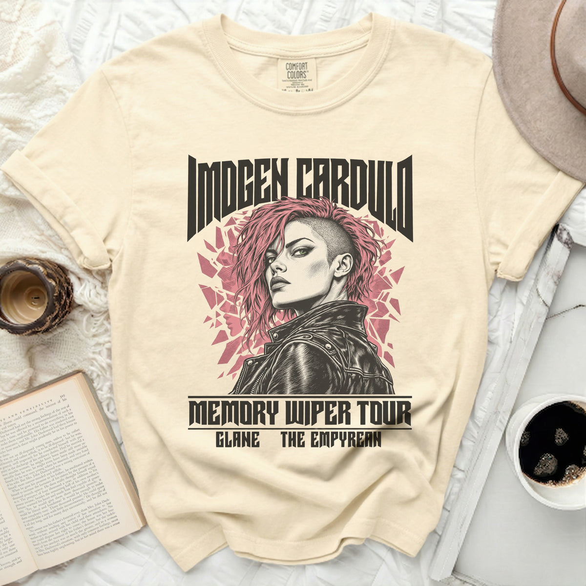 Imogen Cardullo Memory Wiper Tour t-shirt with graphic of a woman.