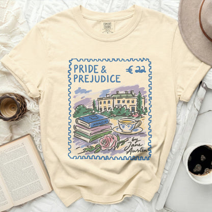 Pride and Prejudice graphic tee with books, rose, and teacup postage stamp design.
