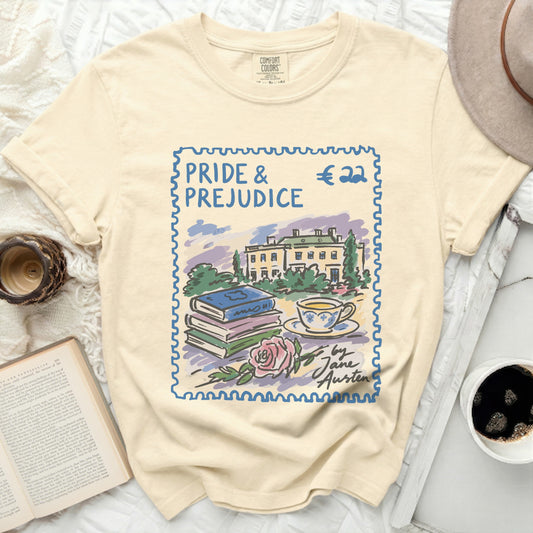 Pride and Prejudice graphic tee with books, rose, and teacup postage stamp design.