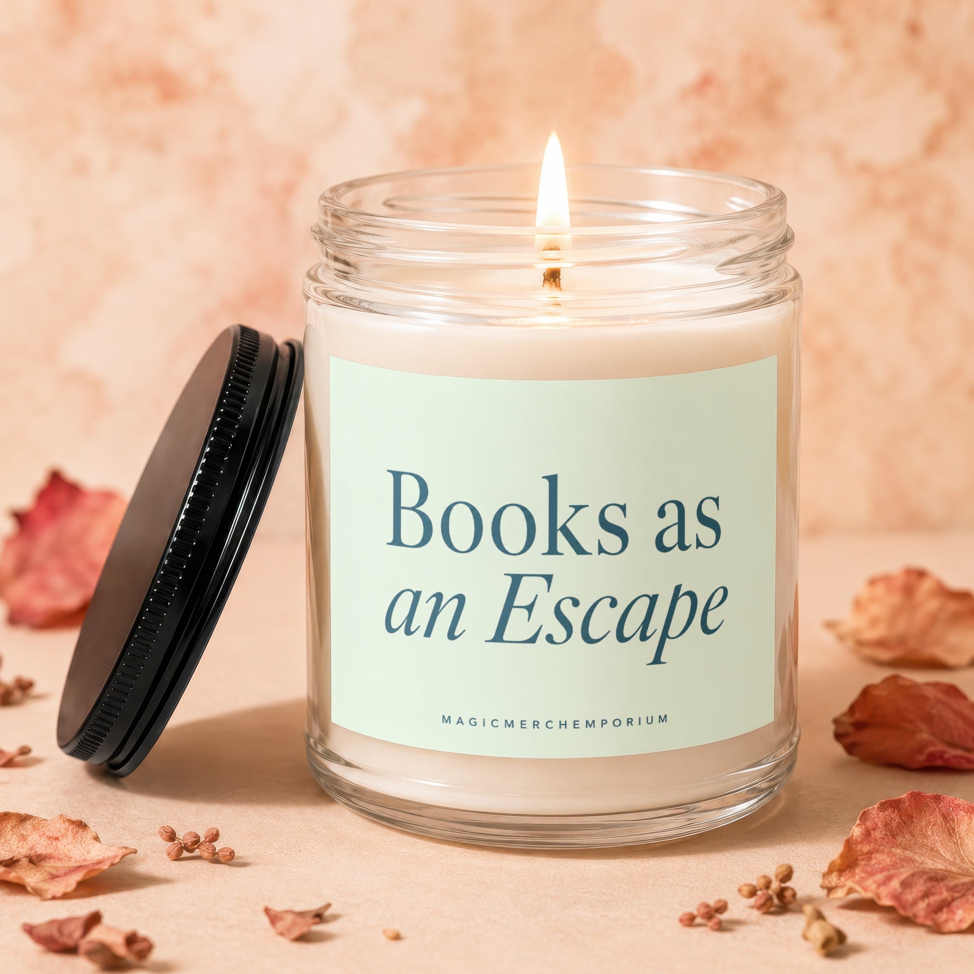Glass candle with lit flame, "Books as an Escape" text on label.