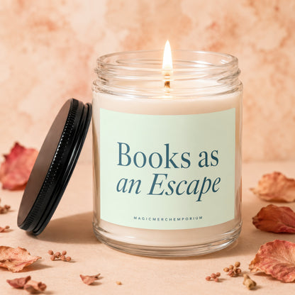 Glass candle with lit flame, "Books as an Escape" text on label.