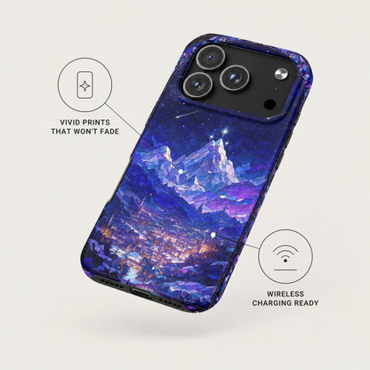 A blue phone case featuring a snow-covered mountain and illuminated city design, with feature callouts.