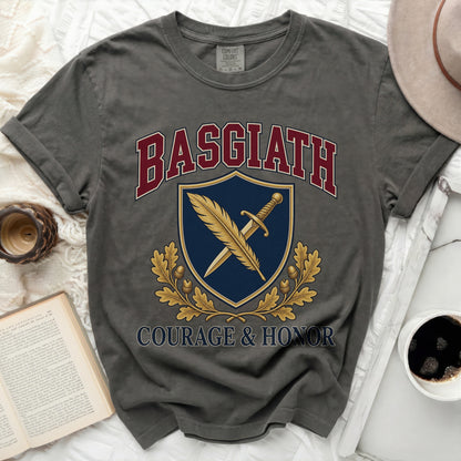 Basgiath shirt with shield, sword, feather, oak leaves, and text.