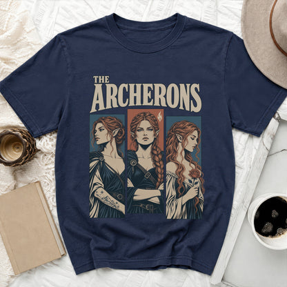 Navy t-shirt with "The Archerons" text and three elven women illustrations.