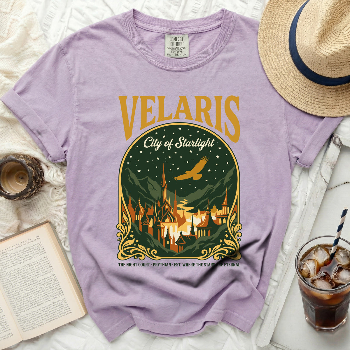 Lavender t-shirt with "Velaris City of Starlight" and night court design.