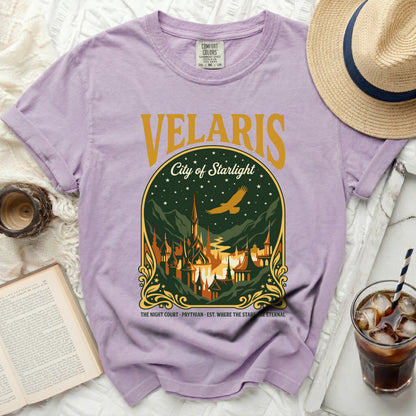 Lavender t-shirt with "Velaris City of Starlight" and night court design.