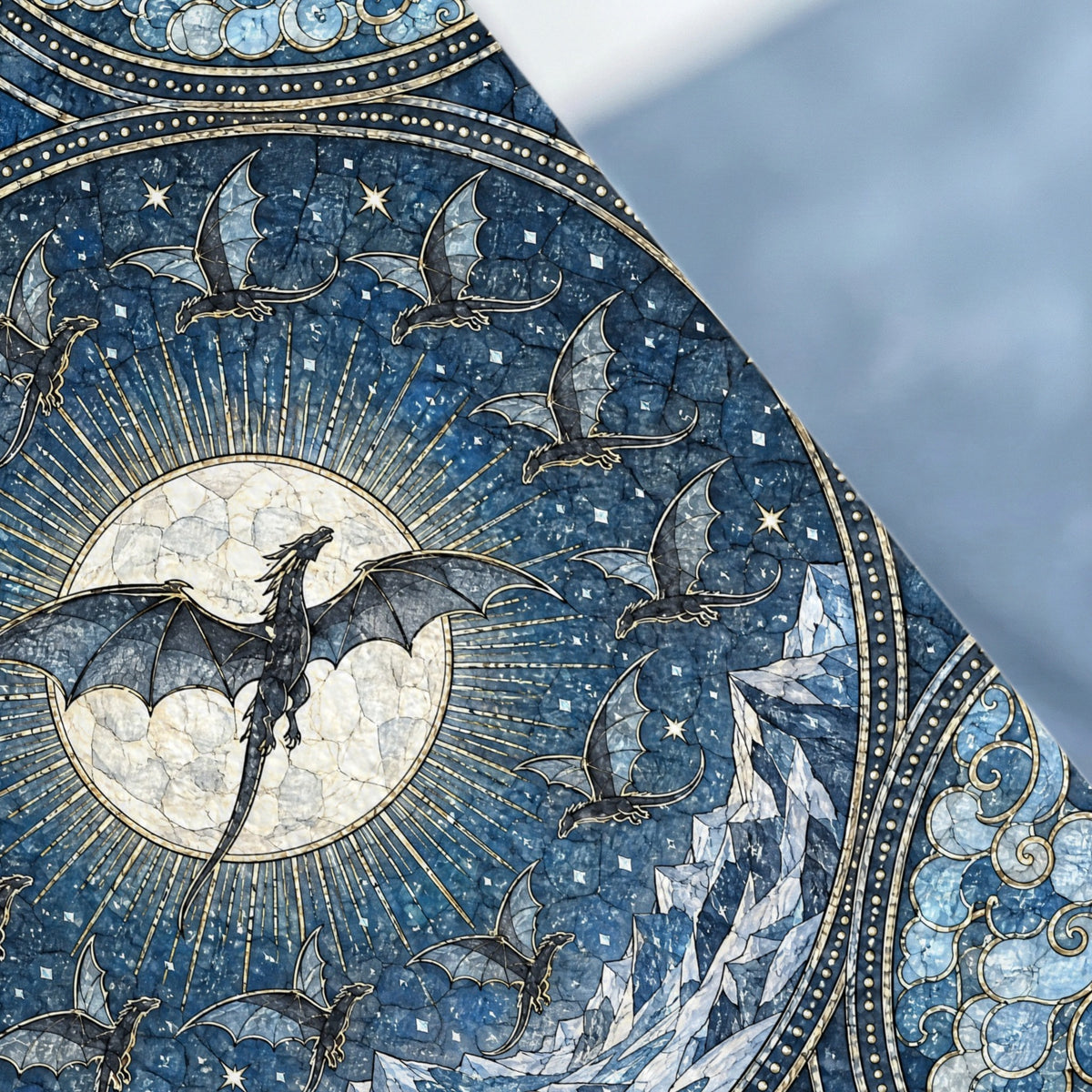 Circular blue mosaic artwork featuring multiple dragons flying around a glowing white sun.