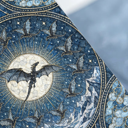 Circular blue mosaic artwork featuring multiple dragons flying around a glowing white sun.