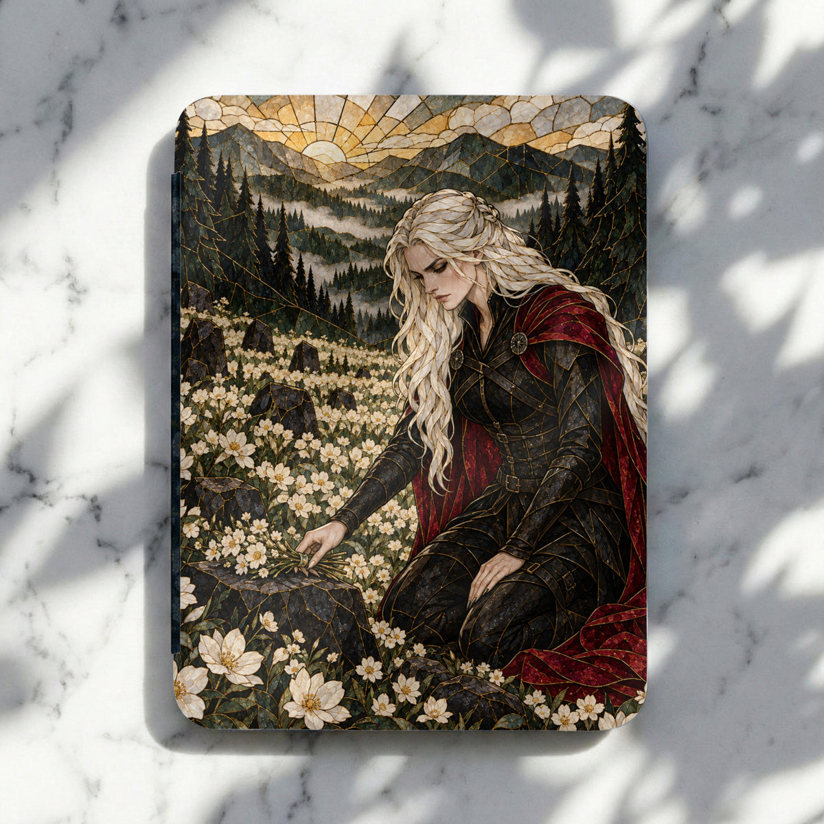 Fantasy woman in red cloak and black armor in field of white flowers, with stained glass mountains.