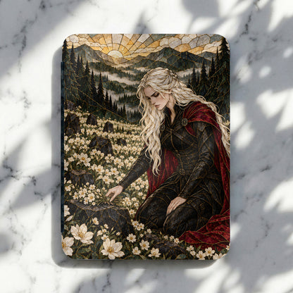 Fantasy woman in red cloak and black armor in field of white flowers, with stained glass mountains.