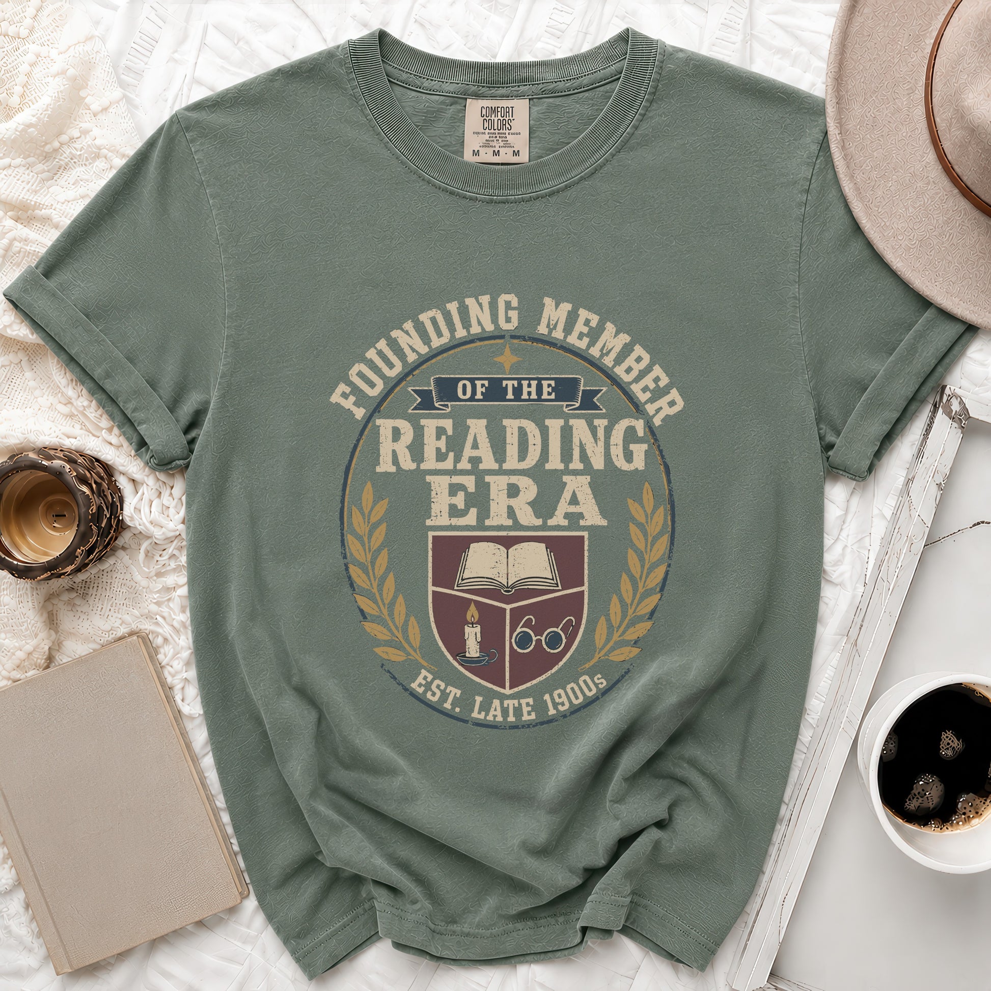 Green t-shirt with "Founding Member of the Reading Era" crest.