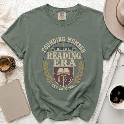 Green t-shirt with "Founding Member of the Reading Era" crest.