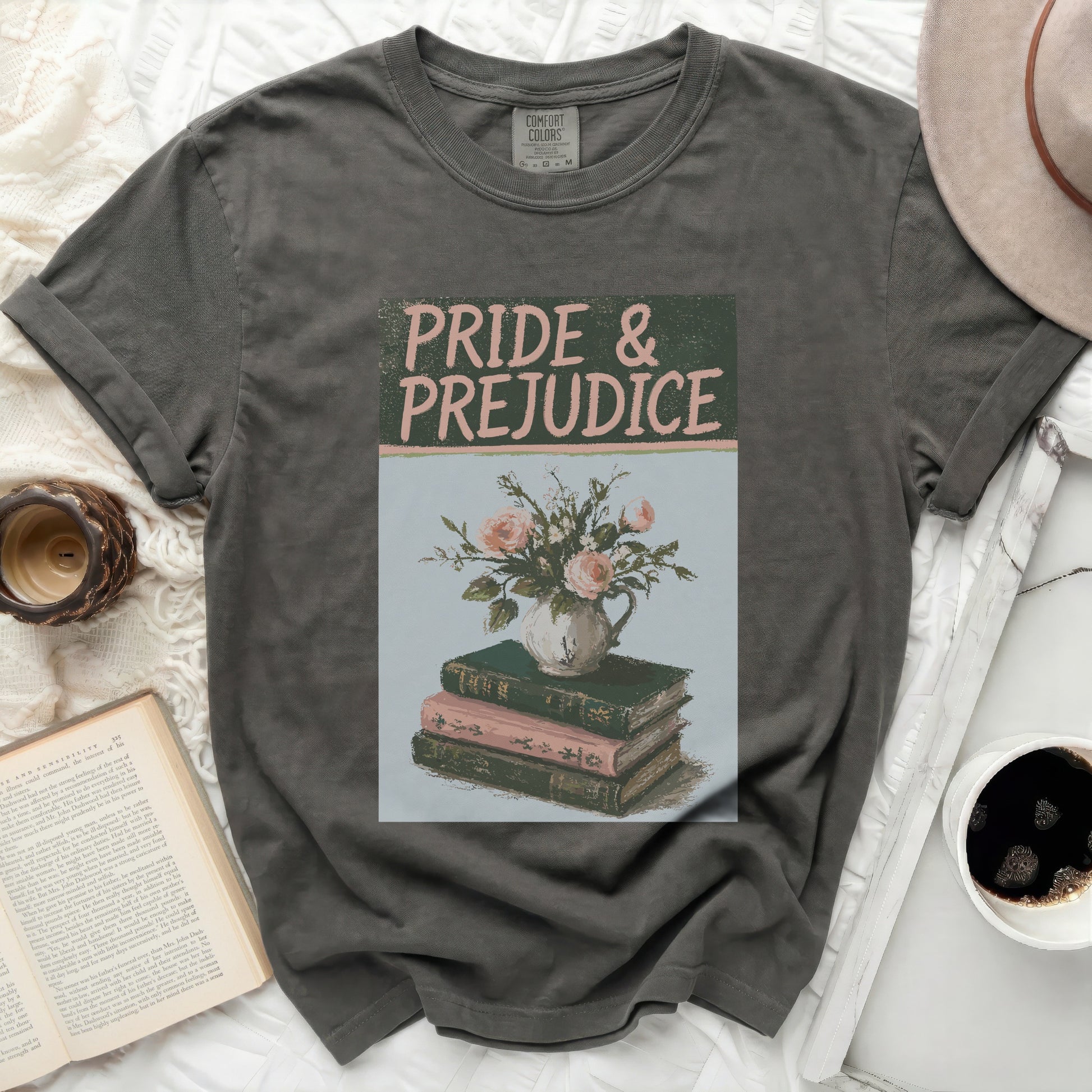 T-shirt with "Pride & Prejudice" title and floral illustration.