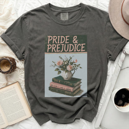 T-shirt with "Pride & Prejudice" title and floral illustration.