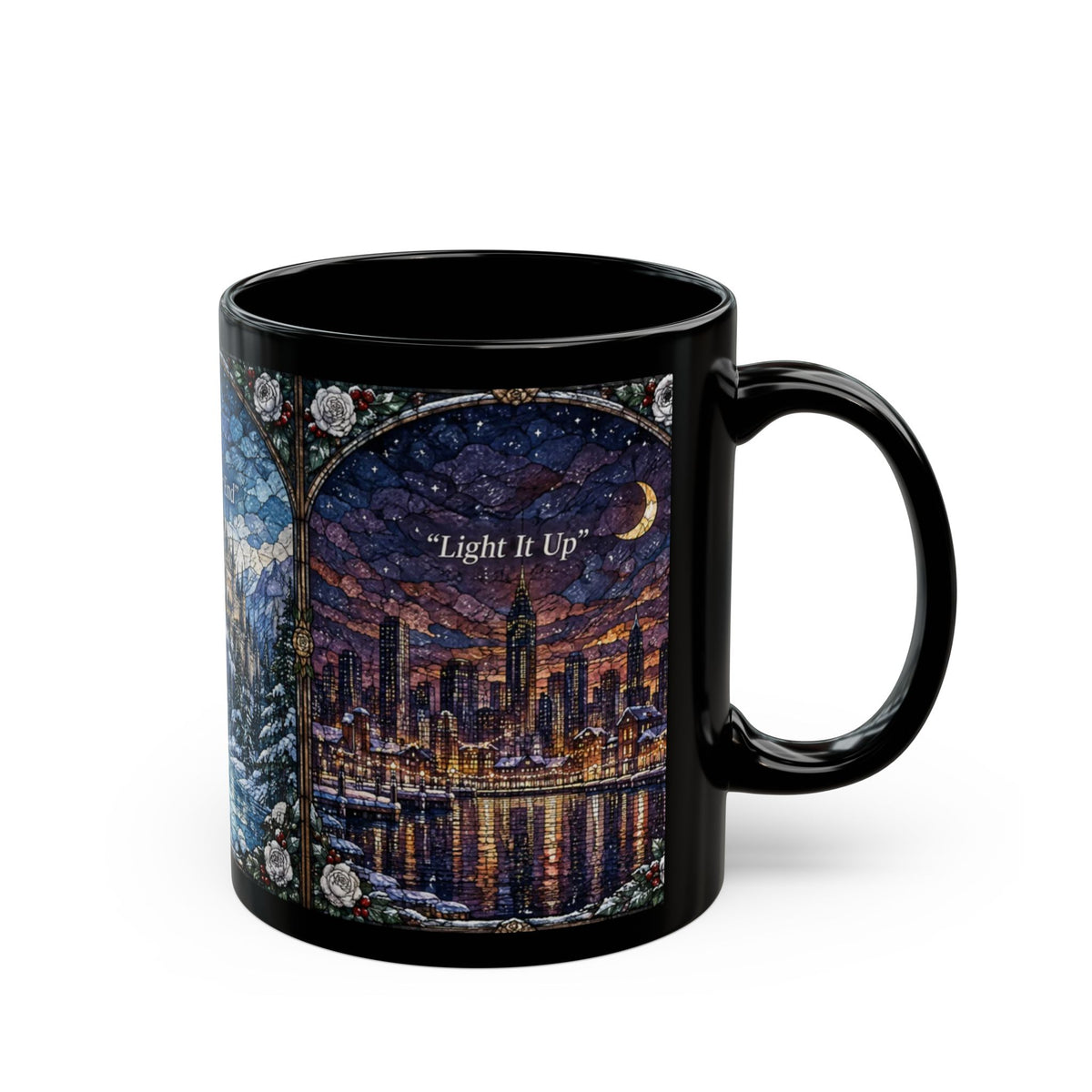 A black ceramic mug featuring a stained-glass style cityscape illustration and the text "Light It Up".