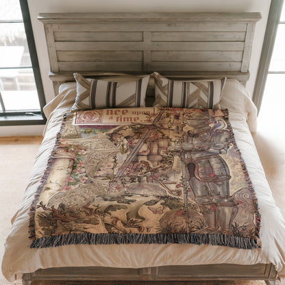 a bed with a decorative blanket that has a medieval-style illustration on it. The blanket is placed on a wooden headboard, and there are pillows on the bed.