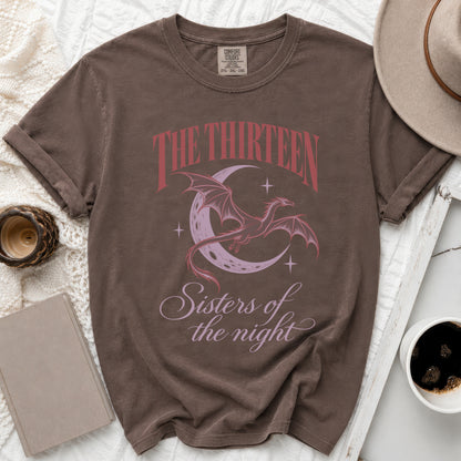Brown t-shirt with dragon, moon, and text "The Thirteen Sisters of the night".