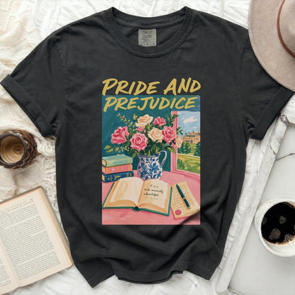 T-shirt with "Pride and Prejudice" floral book graphic.