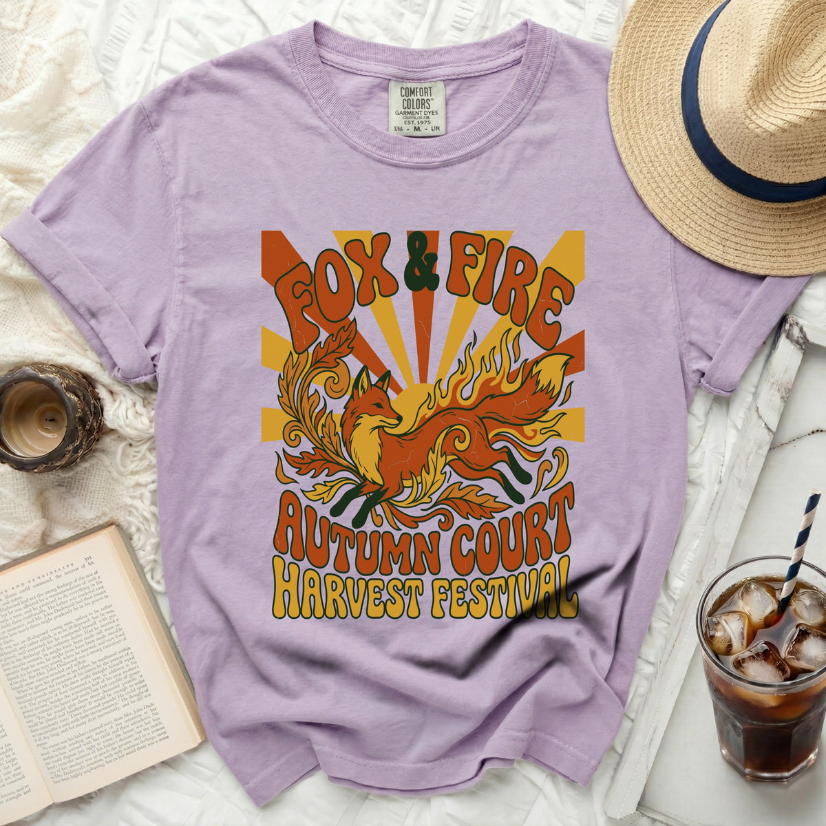Lavender Comfort Colors t-shirt with "Fox & Fire Autumn Court Harvest Festival" graphic.
